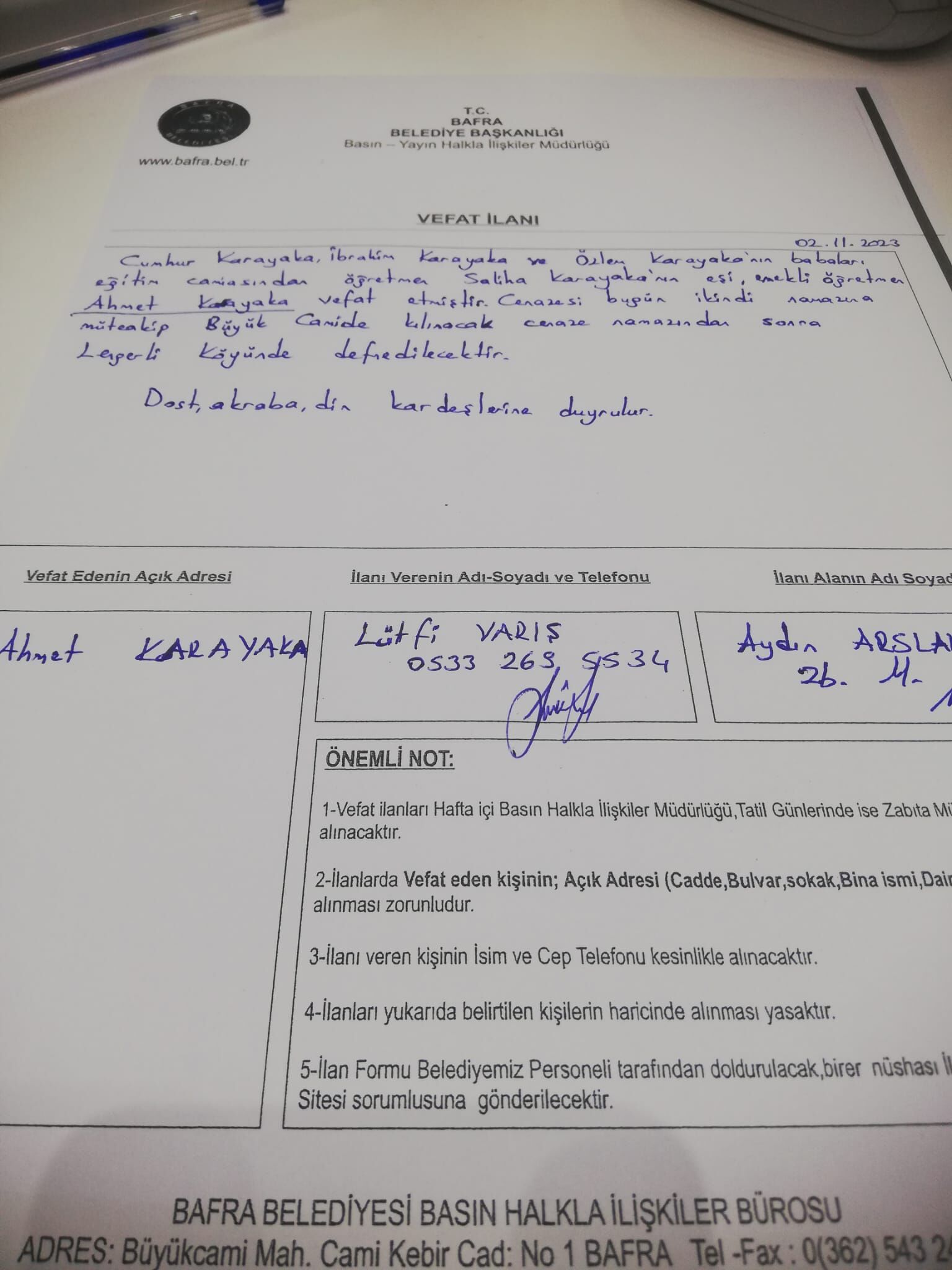 Bafra'da Vefat Edenler
