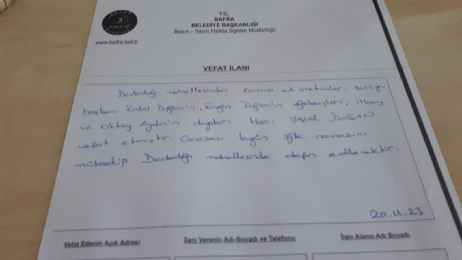 20 Kasım 2023 Bugün Bafra'da Vefat Edenler