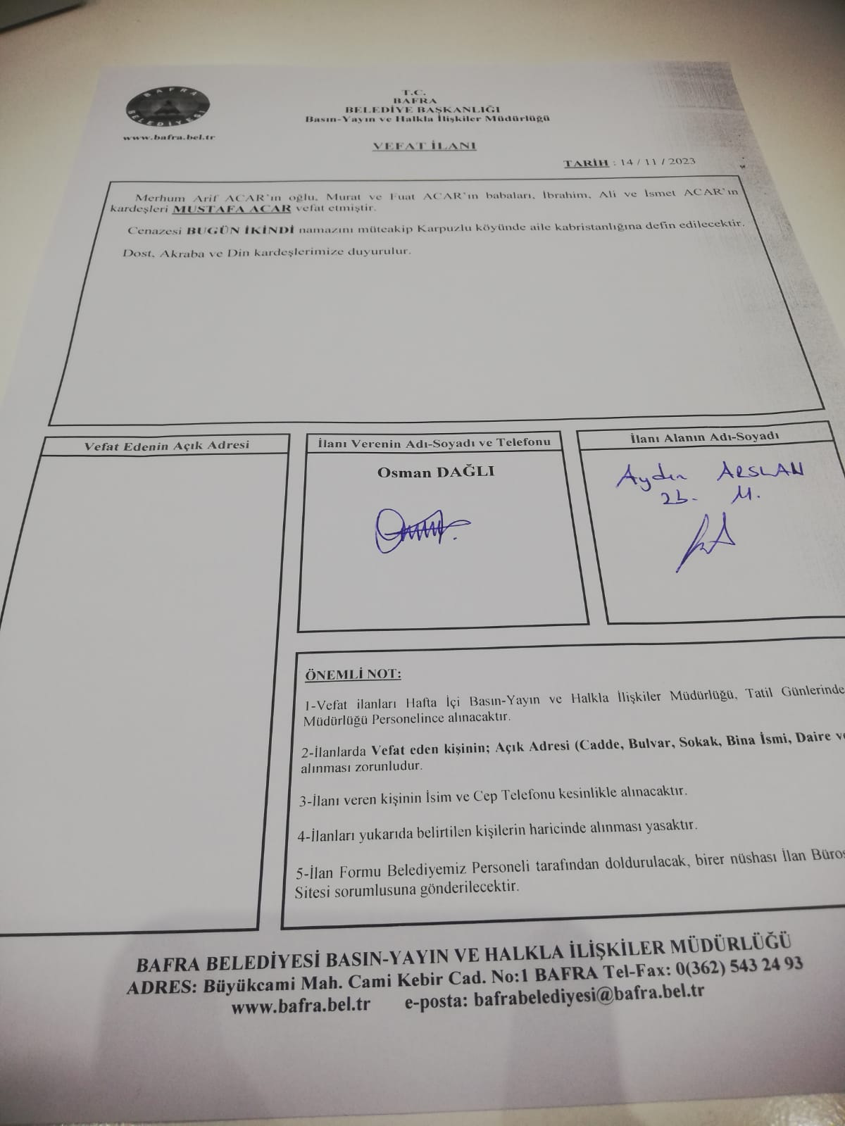 14 Kasım 2023 Salı Bugün Bafra'da Vefat Edenler