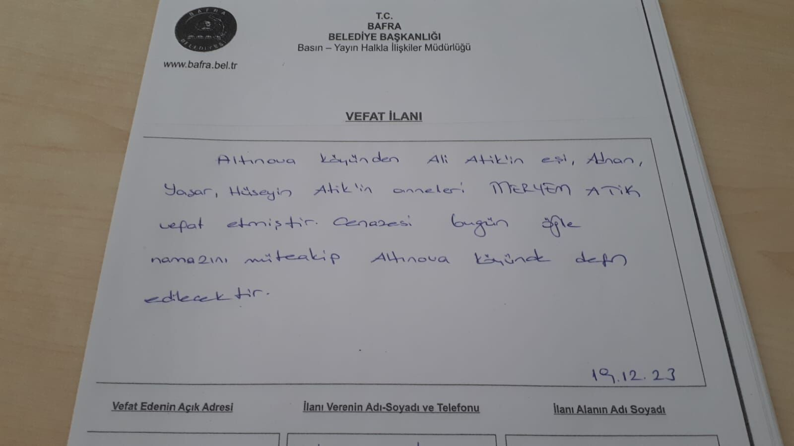 Bafra'da Vefat Edenler