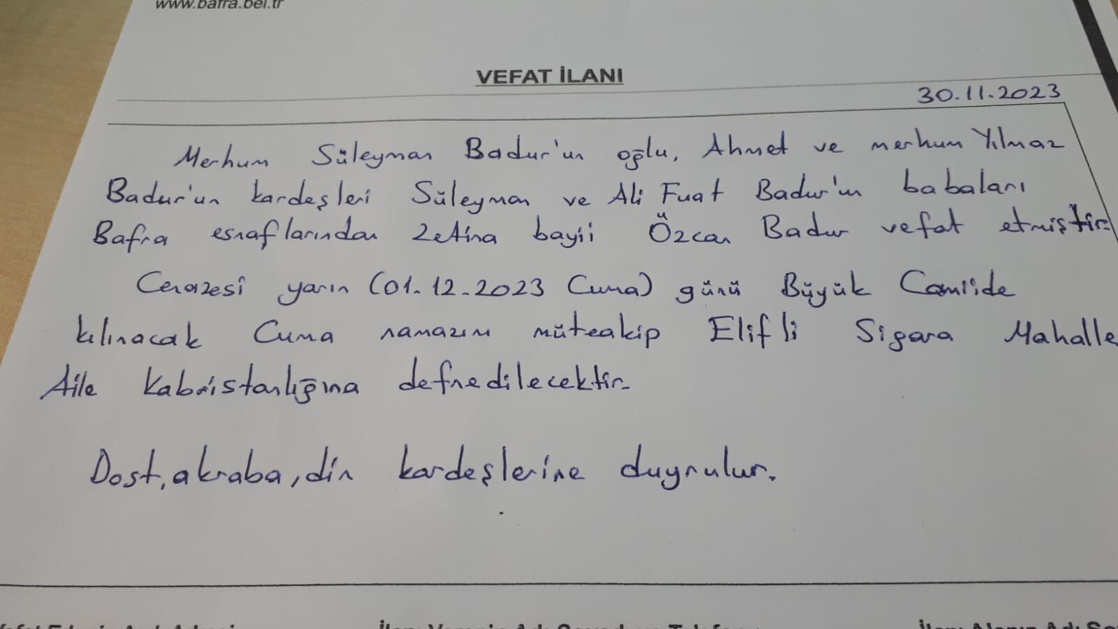 Bafra'da Vefat Edenler