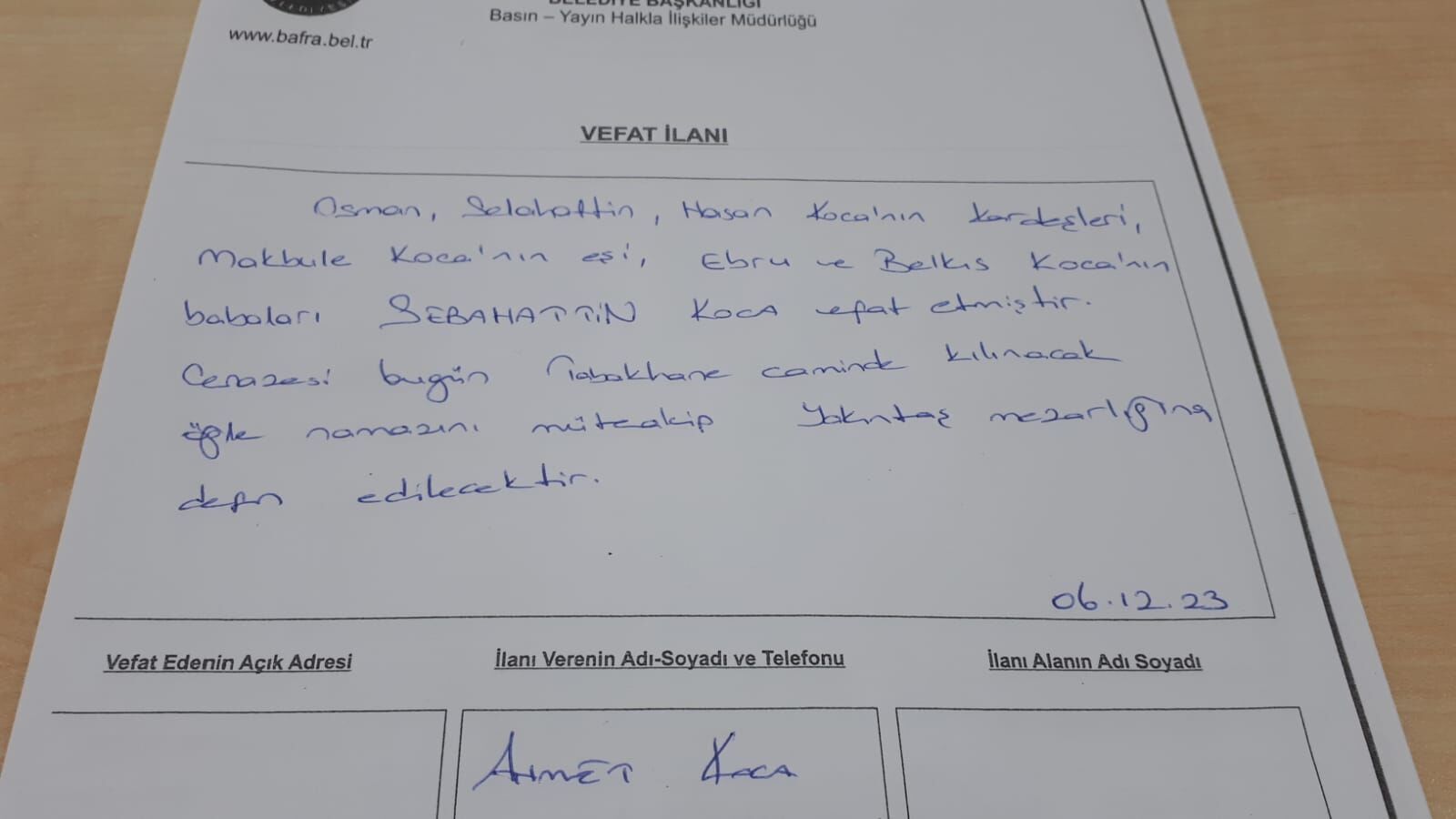  Bafra'da Vefat Edenler