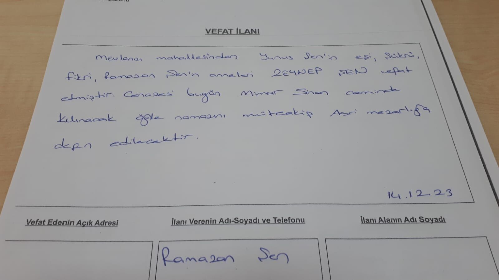 14 Aralık 2023 Bugün Bafra'da Vefat Edenler