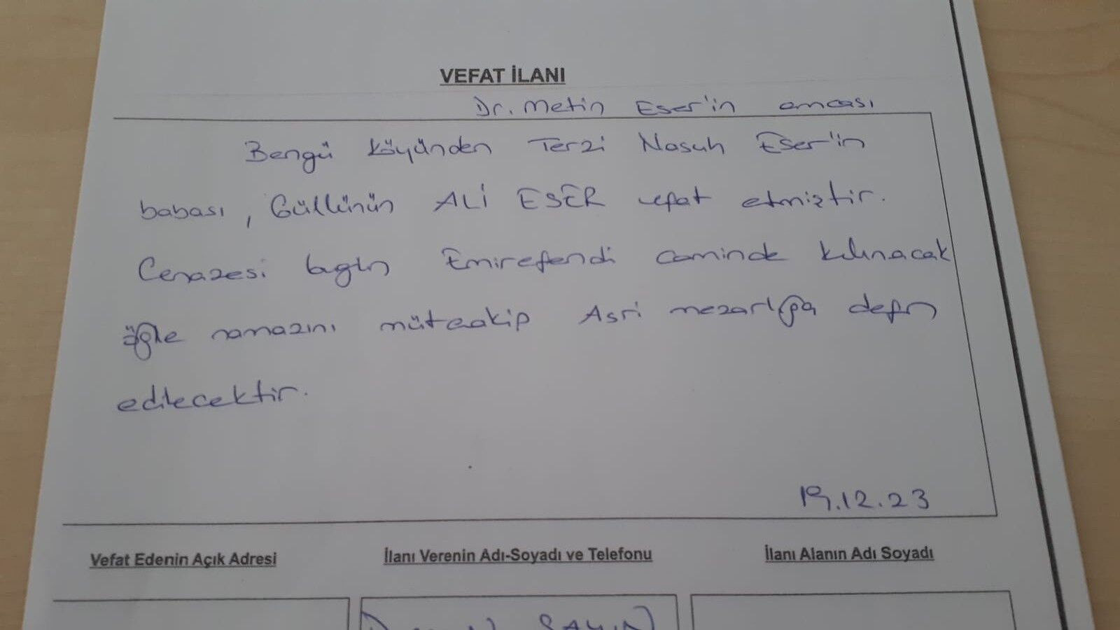 19 Aralık 2023 Bugün Bafra'da Vefat Edenler