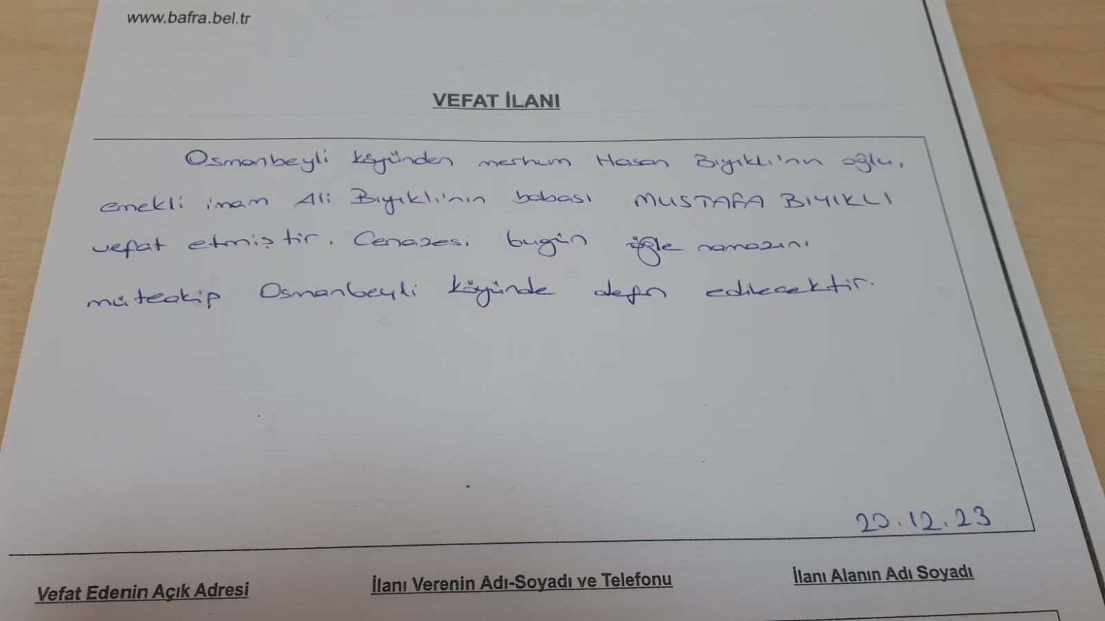 20 Aralık 2023 Bugün Bafra'da Vefat Edenler