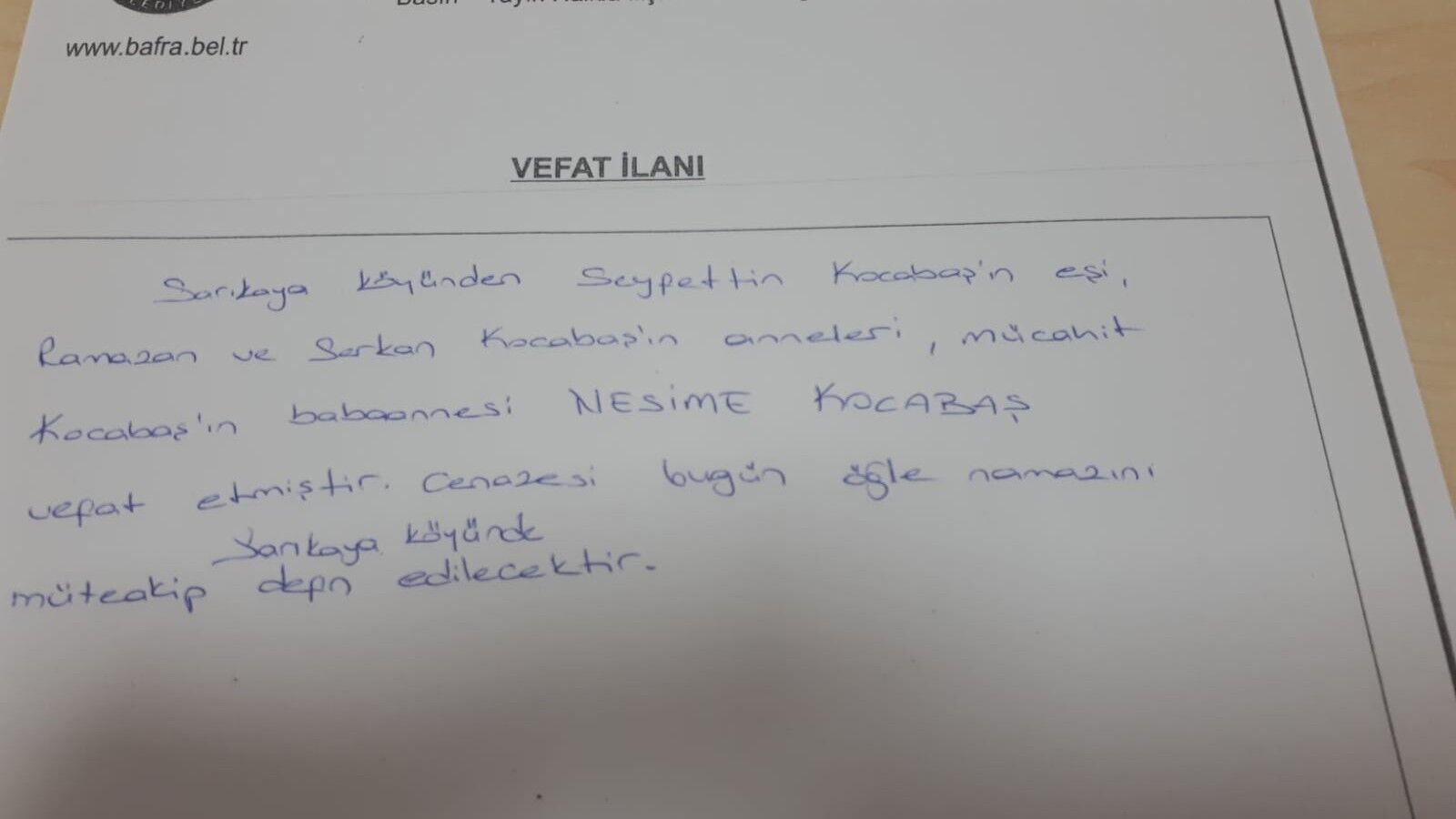  Bafra'da Vefat Edenler