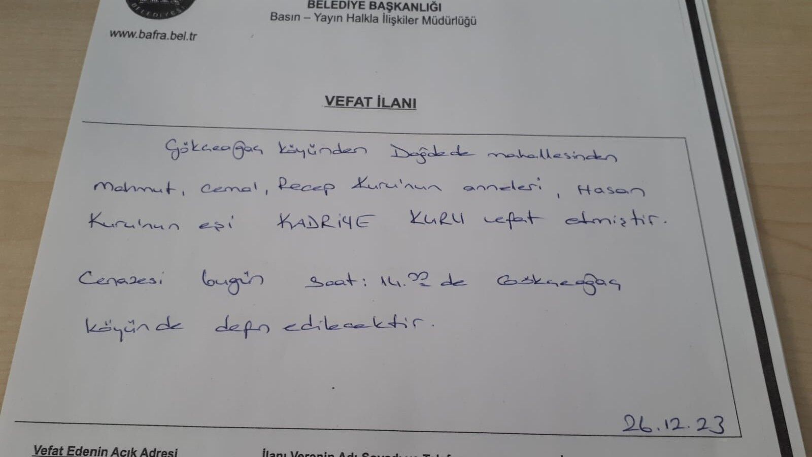 26 Aralık 2023 Bugün Bafra'da Vefat Edenler
