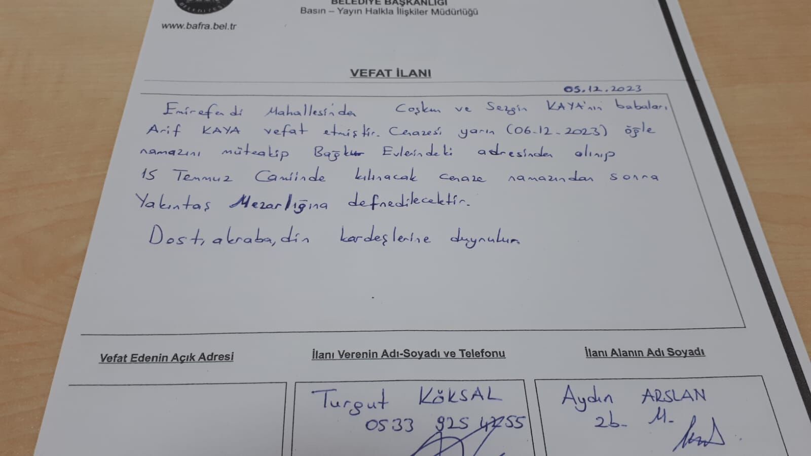  Bafra'da Vefat Edenler