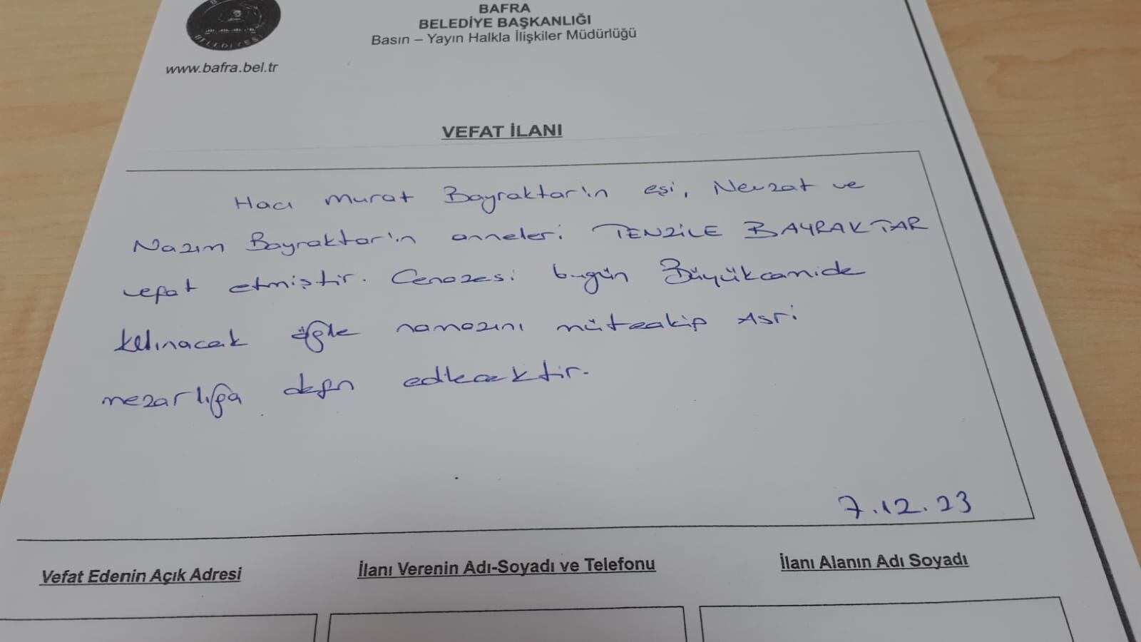 Bafra'da Vefat Edenler