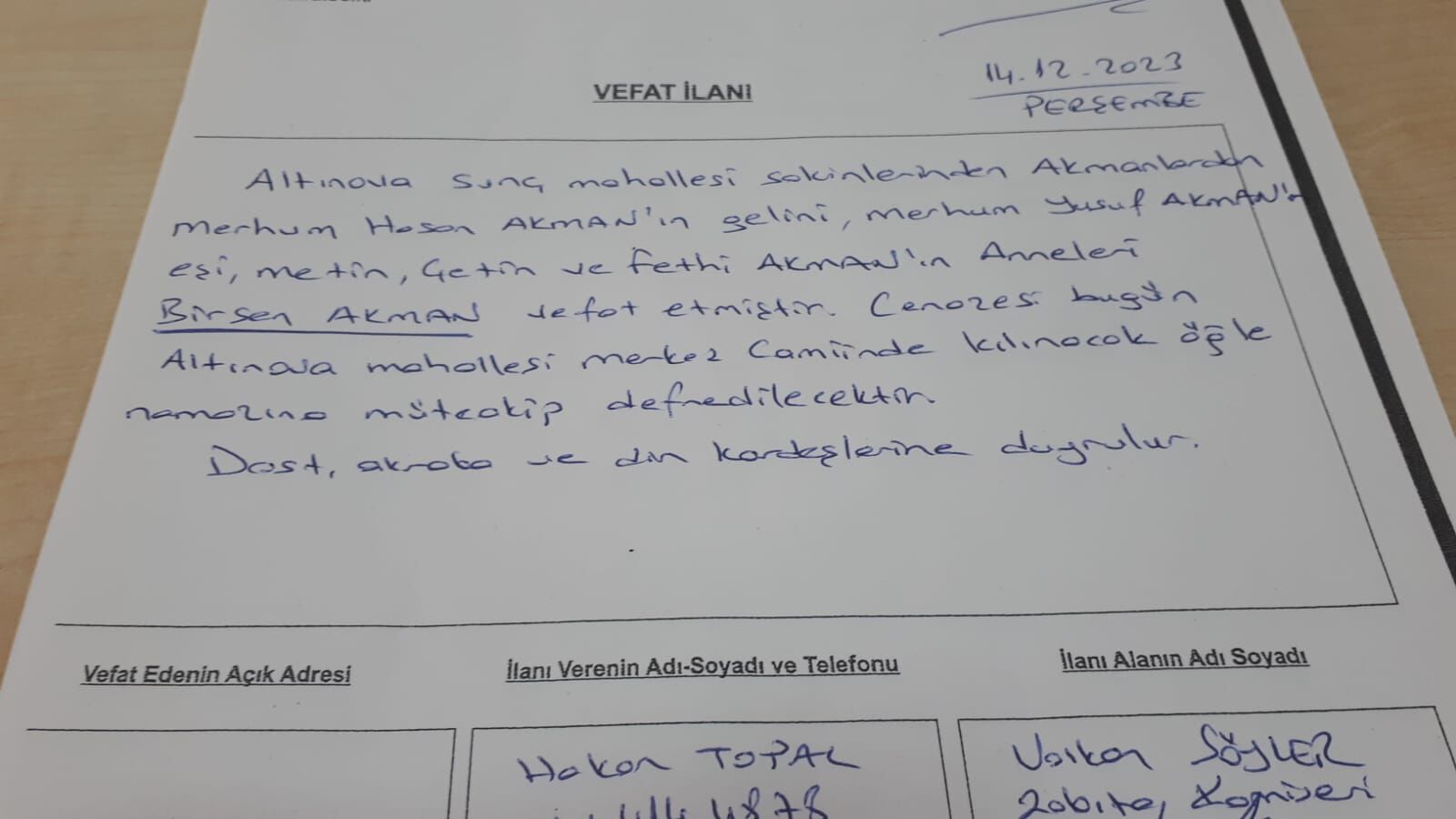 14 Aralık 2023 Bugün Bafra'da Vefat Edenler