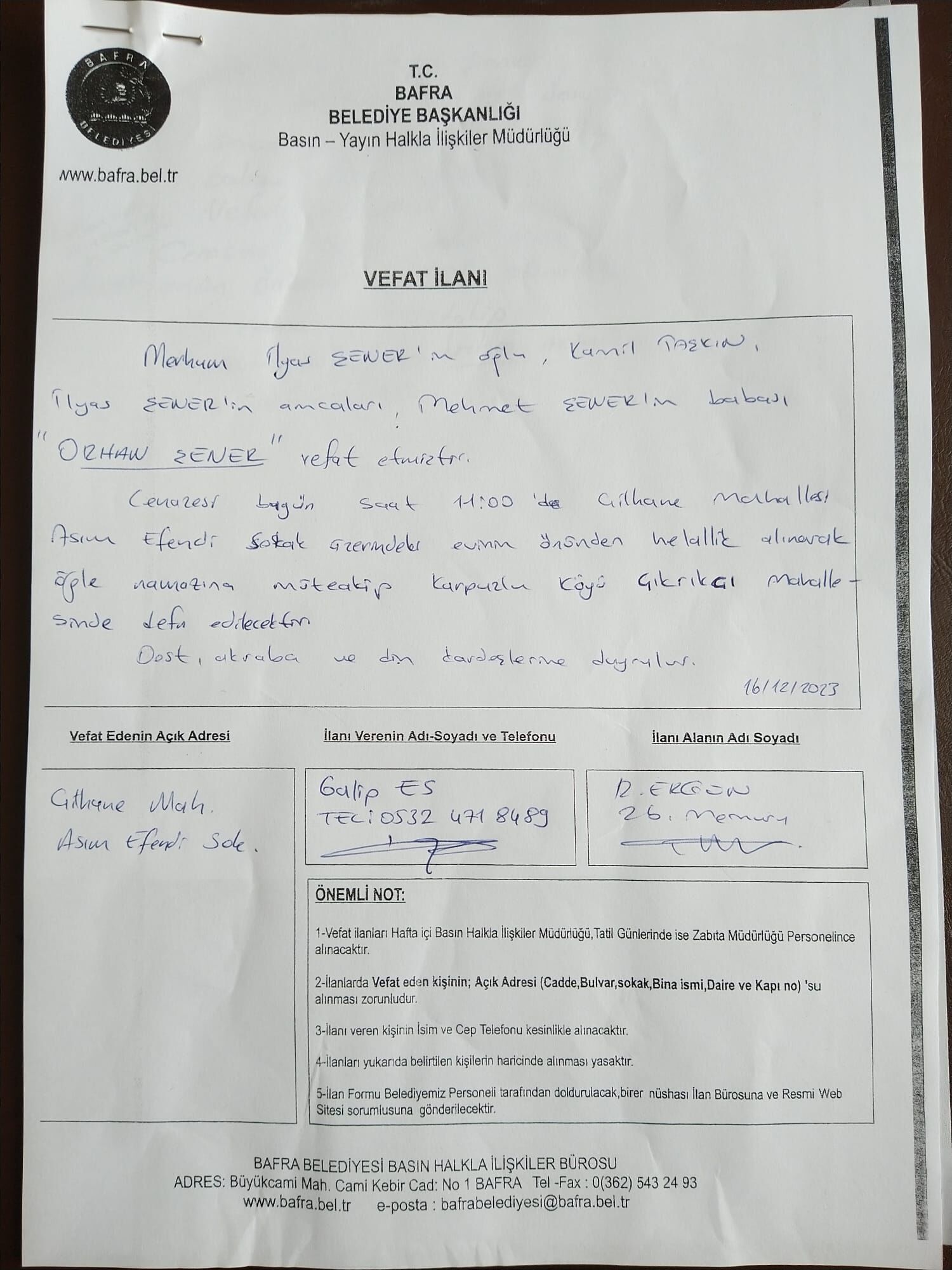  Bafra'da Vefat Edenler