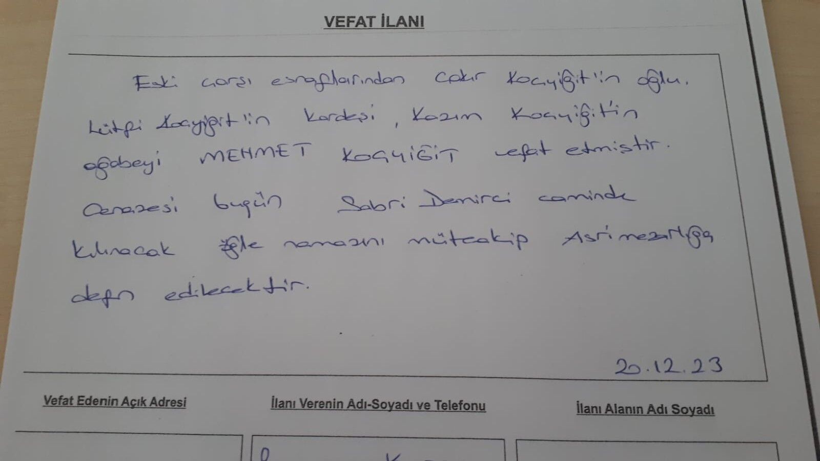 19 Aralık 2023 Bugün Bafra'da Vefat Edenler