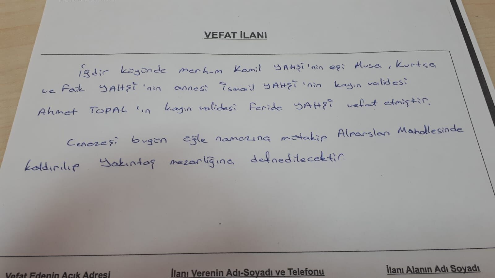 20 Aralık 2023 Bugün Bafra'da Vefat Edenler