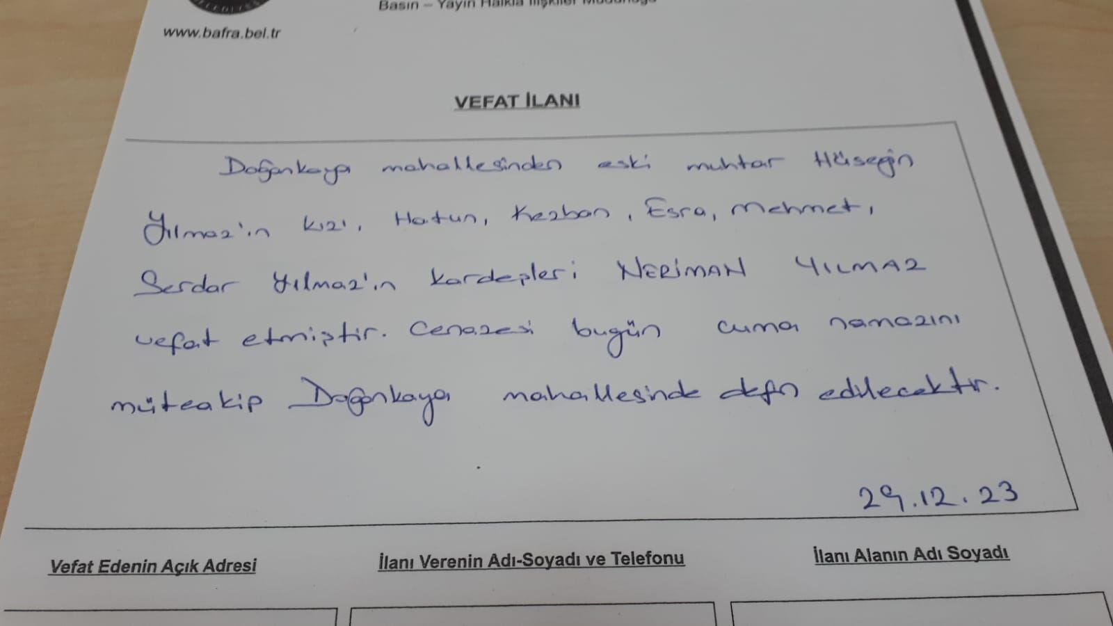  Bafra'da Vefat Edenler