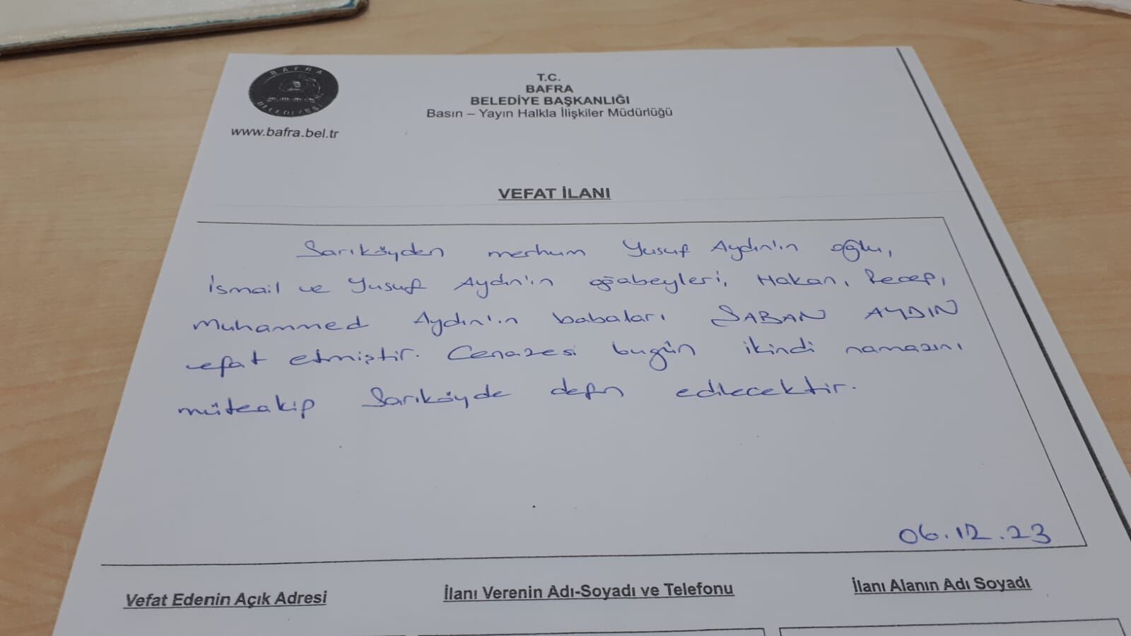  Bafra'da Vefat Edenler