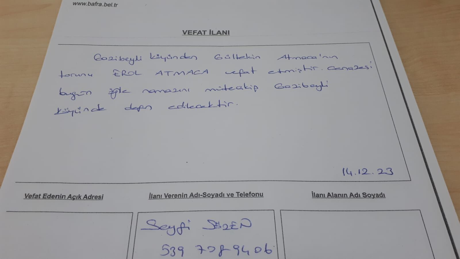 14 Aralık 2023 Bugün Bafra'da Vefat Edenler
