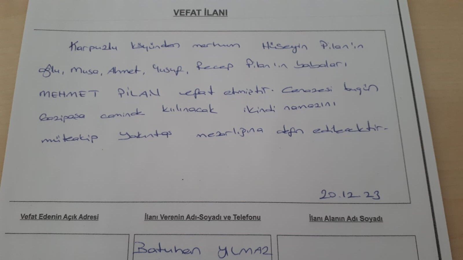 19 Aralık 2023 Bugün Bafra'da Vefat Edenler