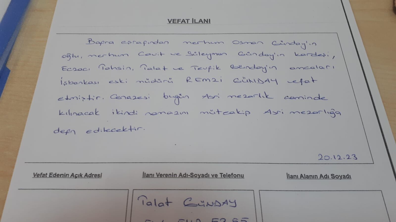 20 Aralık 2023 Bugün Bafra'da Vefat Edenler