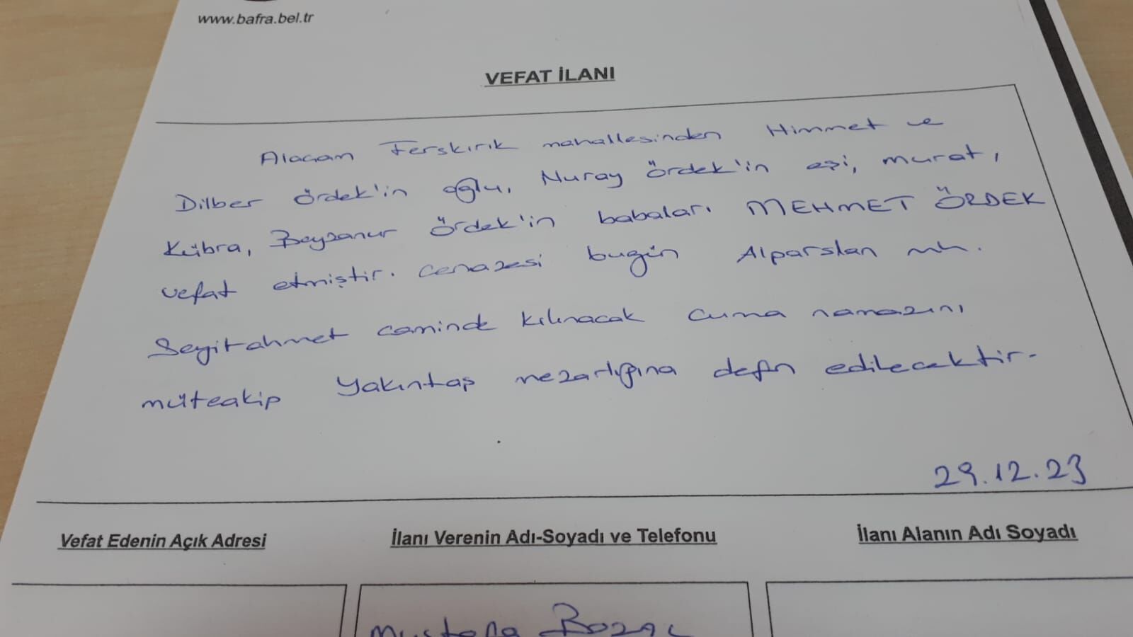  Bafra'da Vefat Edenler
