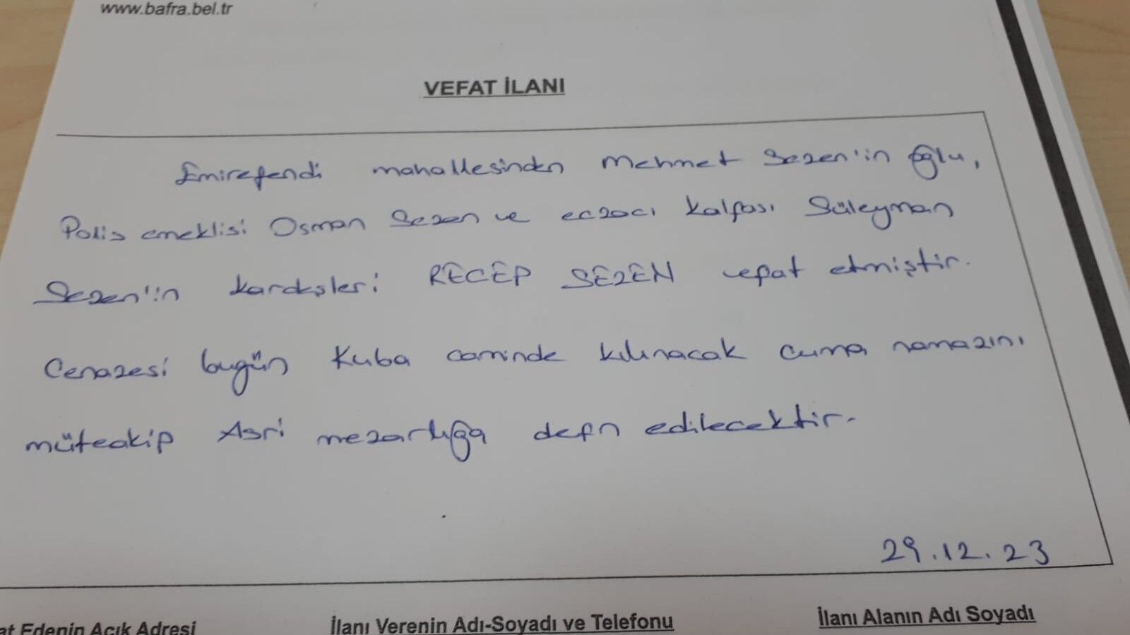 Bafra'da Vefat Edenler