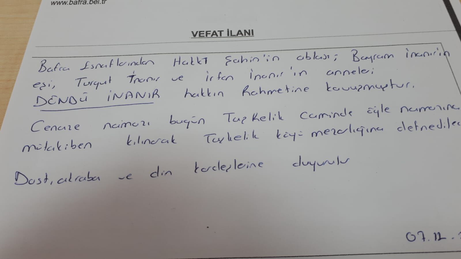 Bafra'da Vefat Edenler