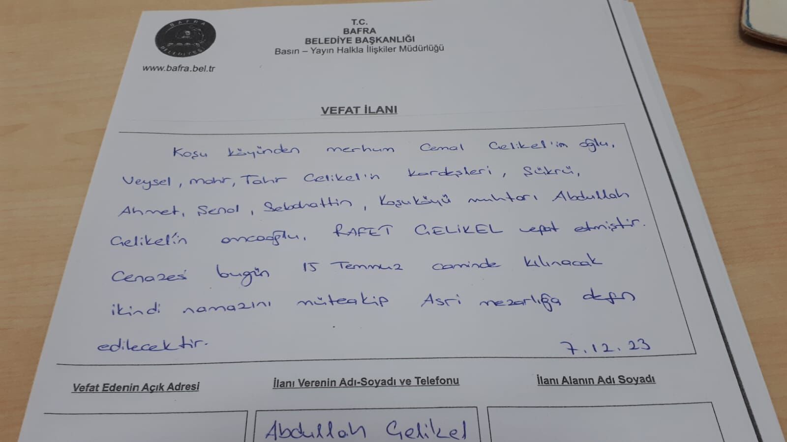 Bafra'da vefat edenler