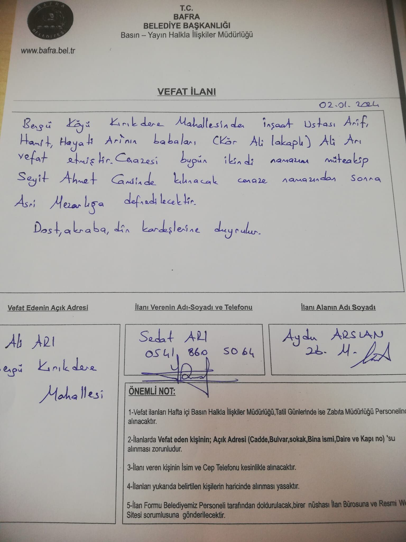 Bafra'da vefat edenler