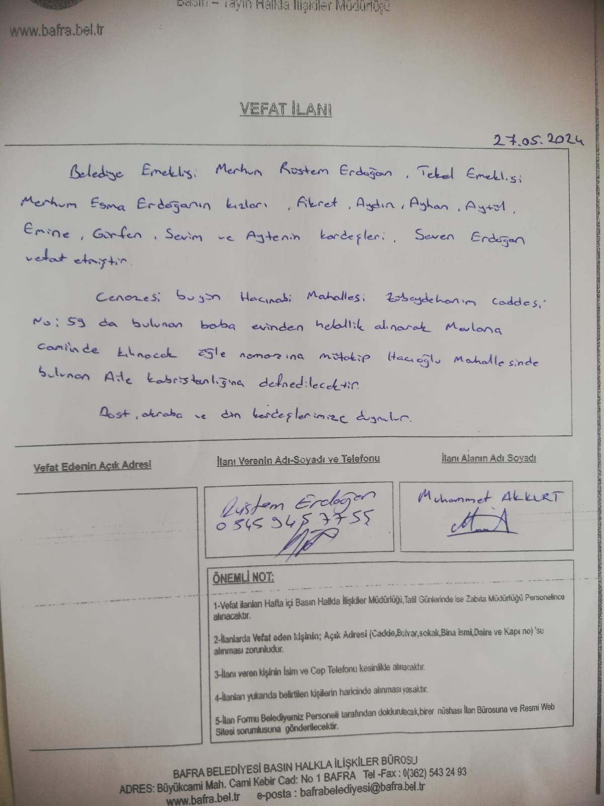 Bafra Vefat Ilanı (1)