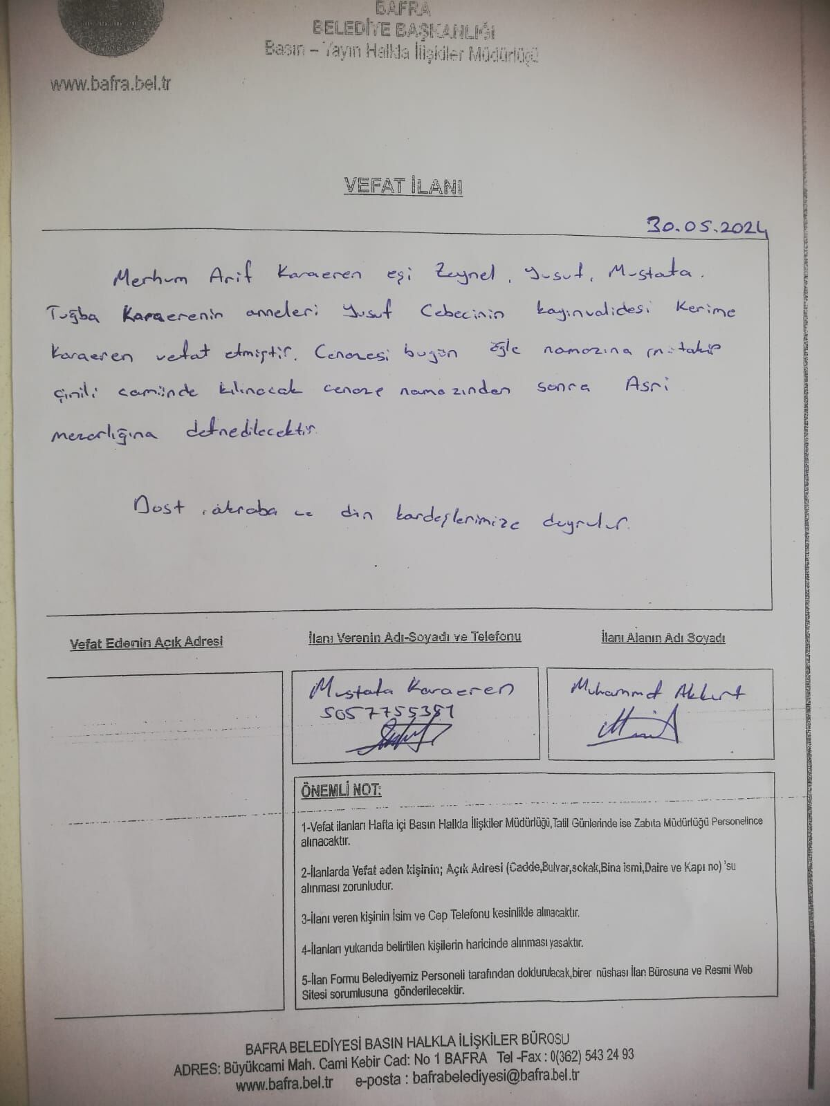 Ilan Vefat Bafra Haber (1)