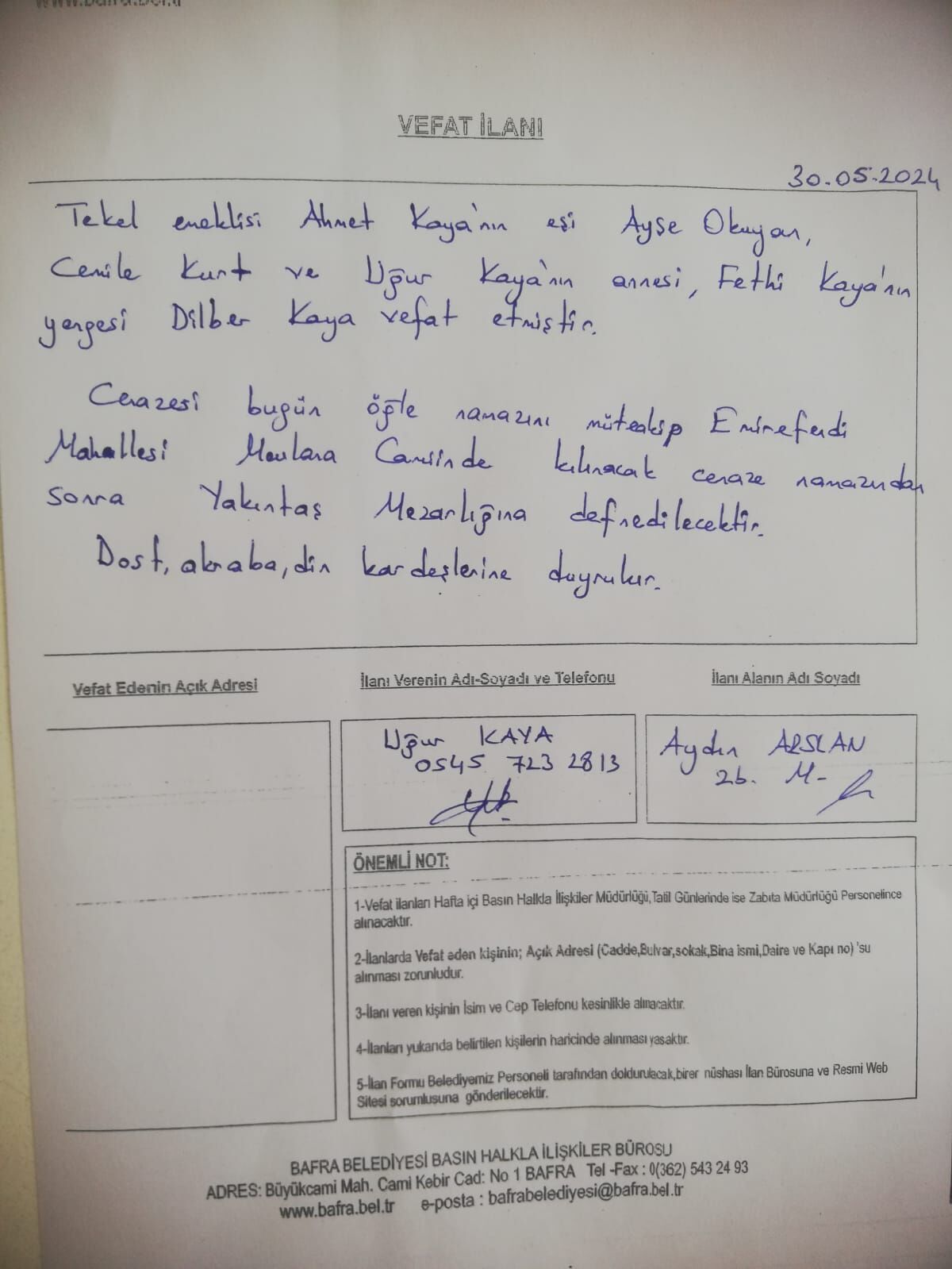 Ilan Vefat Bafra Haber (2)