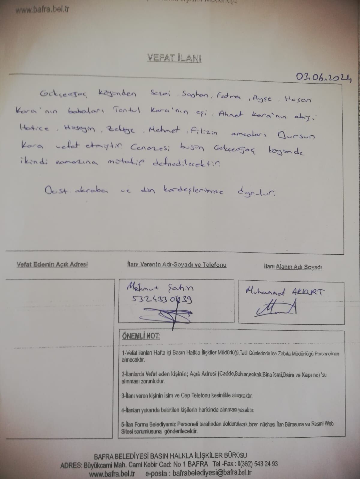 Ilan Haber Bafra Vefatü (1)