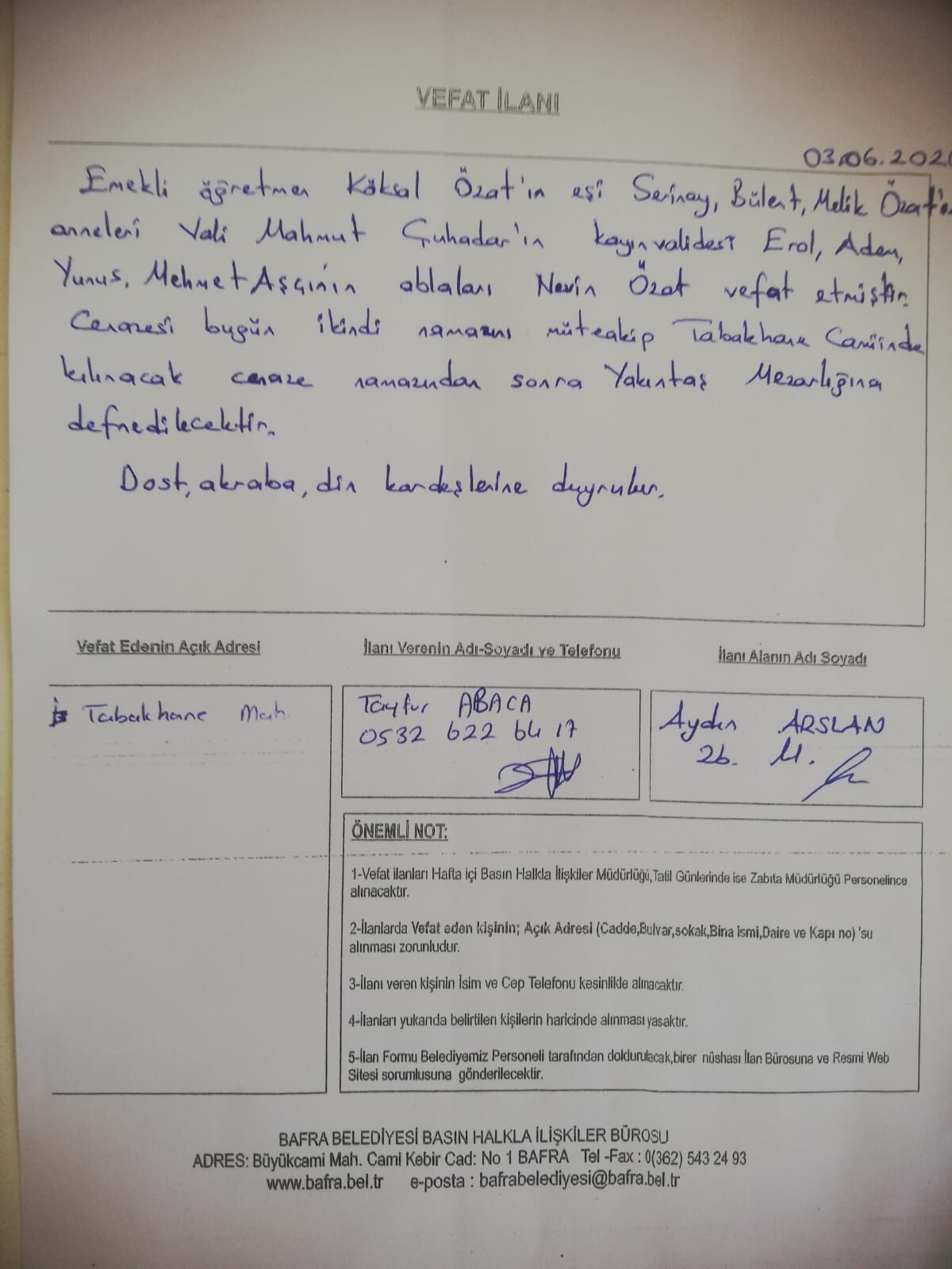 Ilan Haber Bafra Vefatü (2)