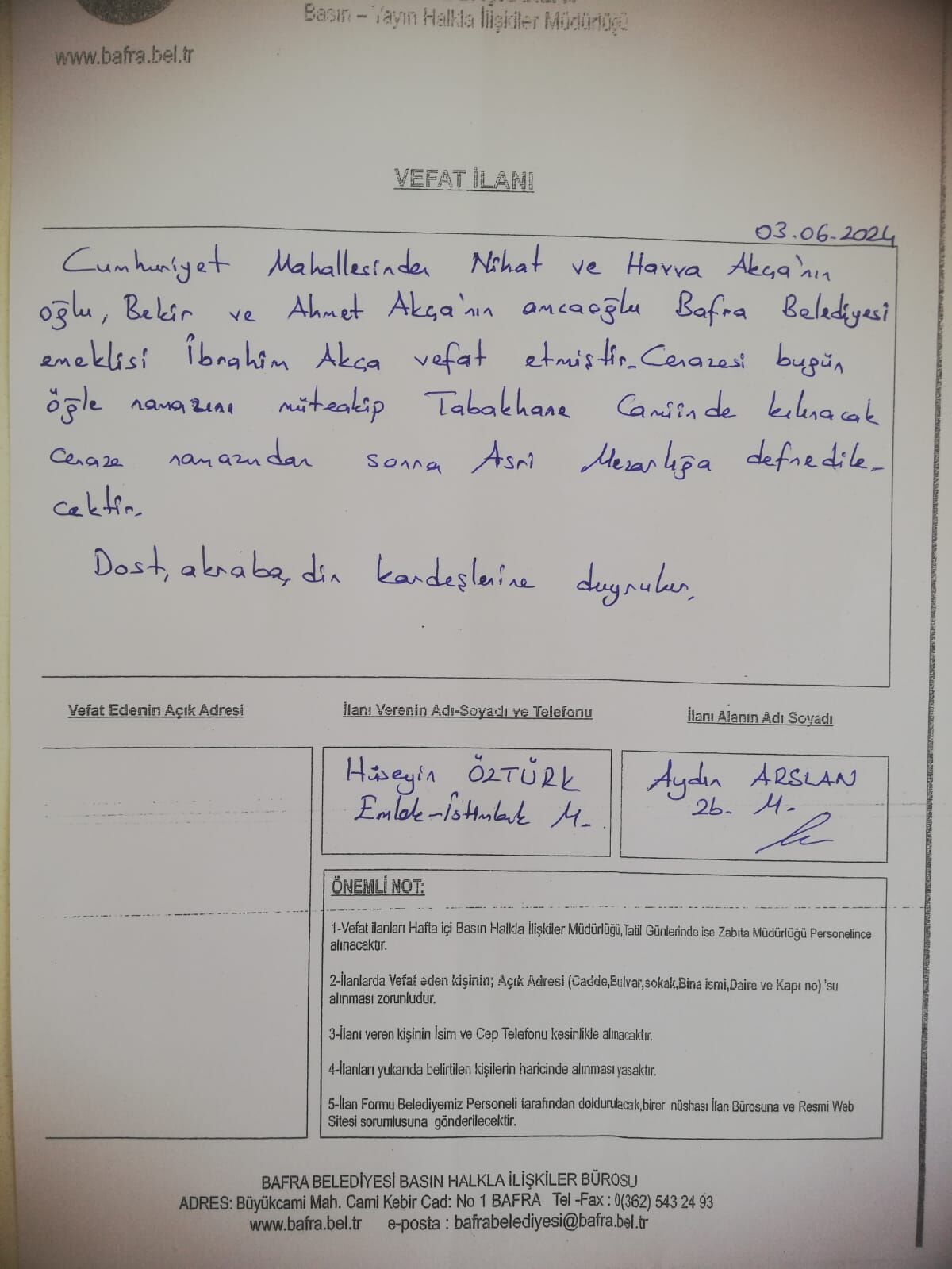 Ilan Haber Bafra Vefatü (3)