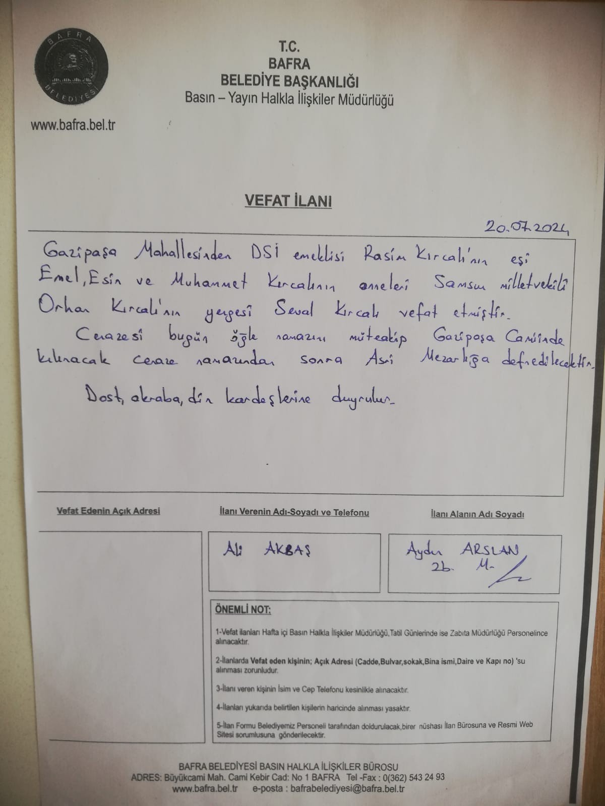 Bafra Ilan Vefat Ialnbafra (3)