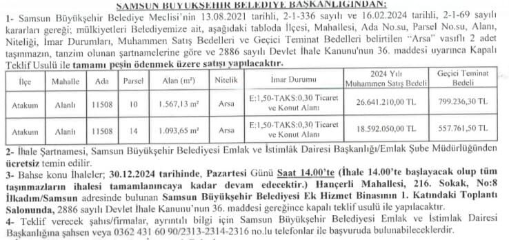 Samsun Büyükşehir Belediyesi 45 Milyon Tl Değerindeki 2 Arsayı Satışa Çıkartıyor-1