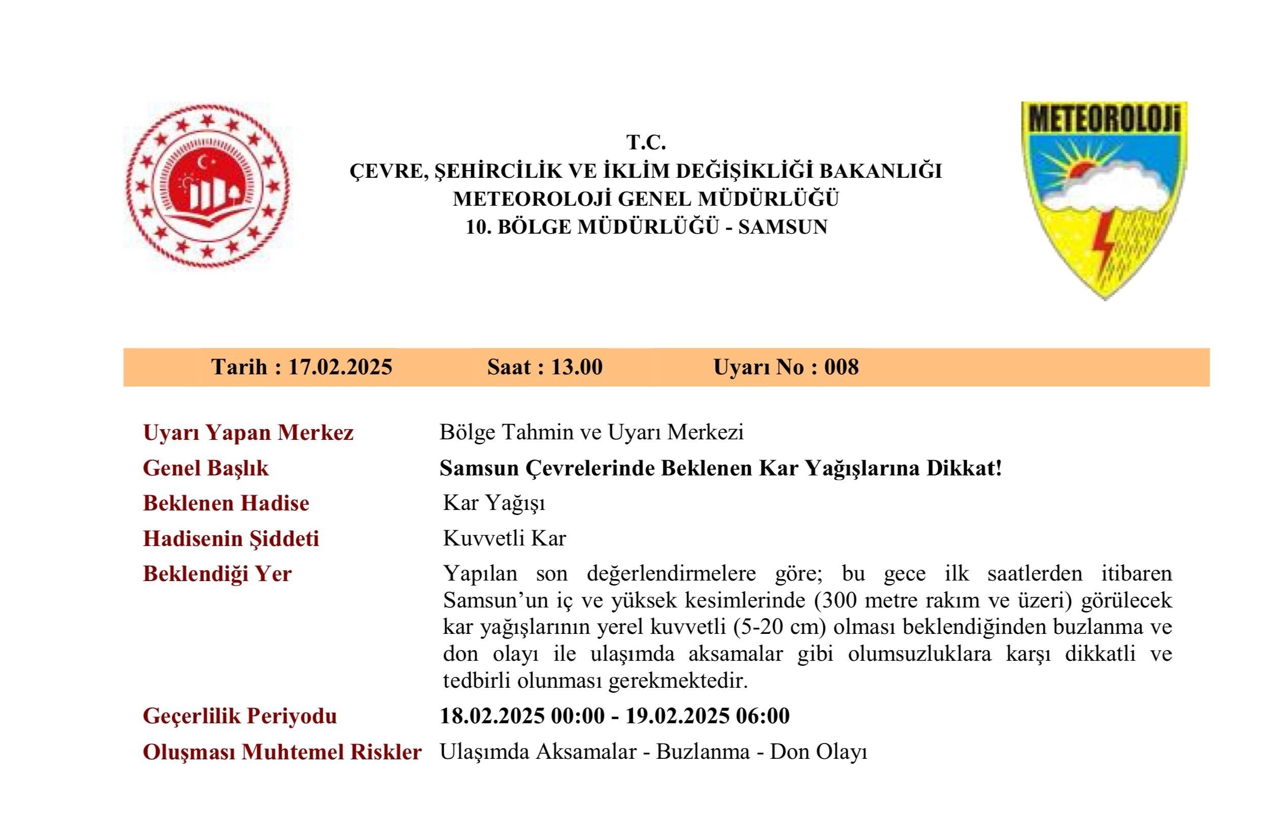 Orta Karadeniz İçin Kuvvetli Kar Yağışı Uyarısı 2