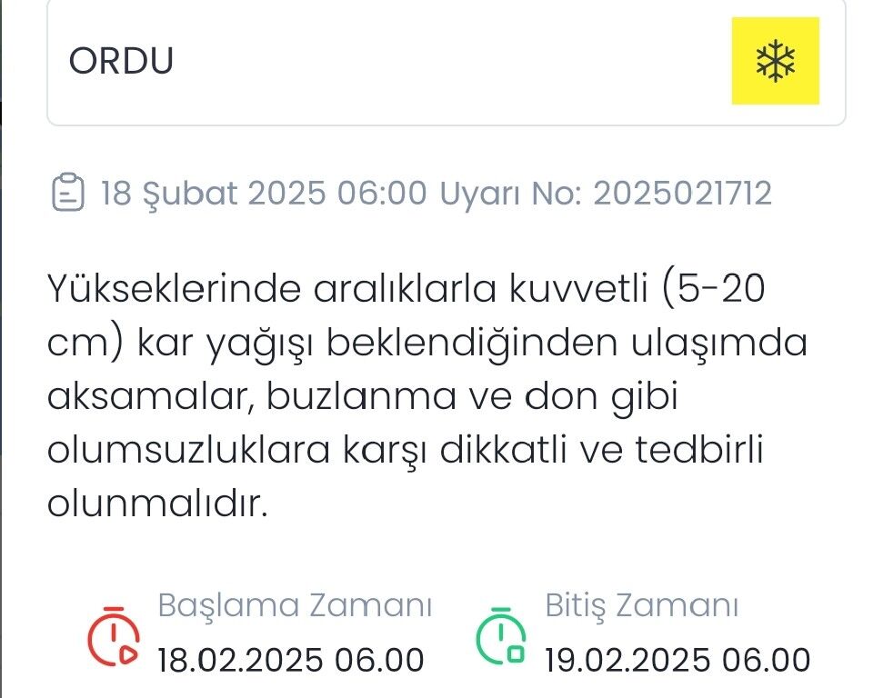 Orta Karadeniz İçin Kuvvetli Kar Yağışı Uyarısı 3