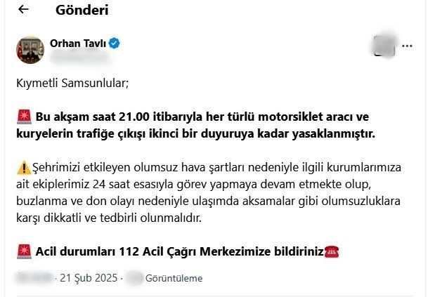 Samsun’da Motosiklet Ve Kurye Trafiğine Geçici Yasak