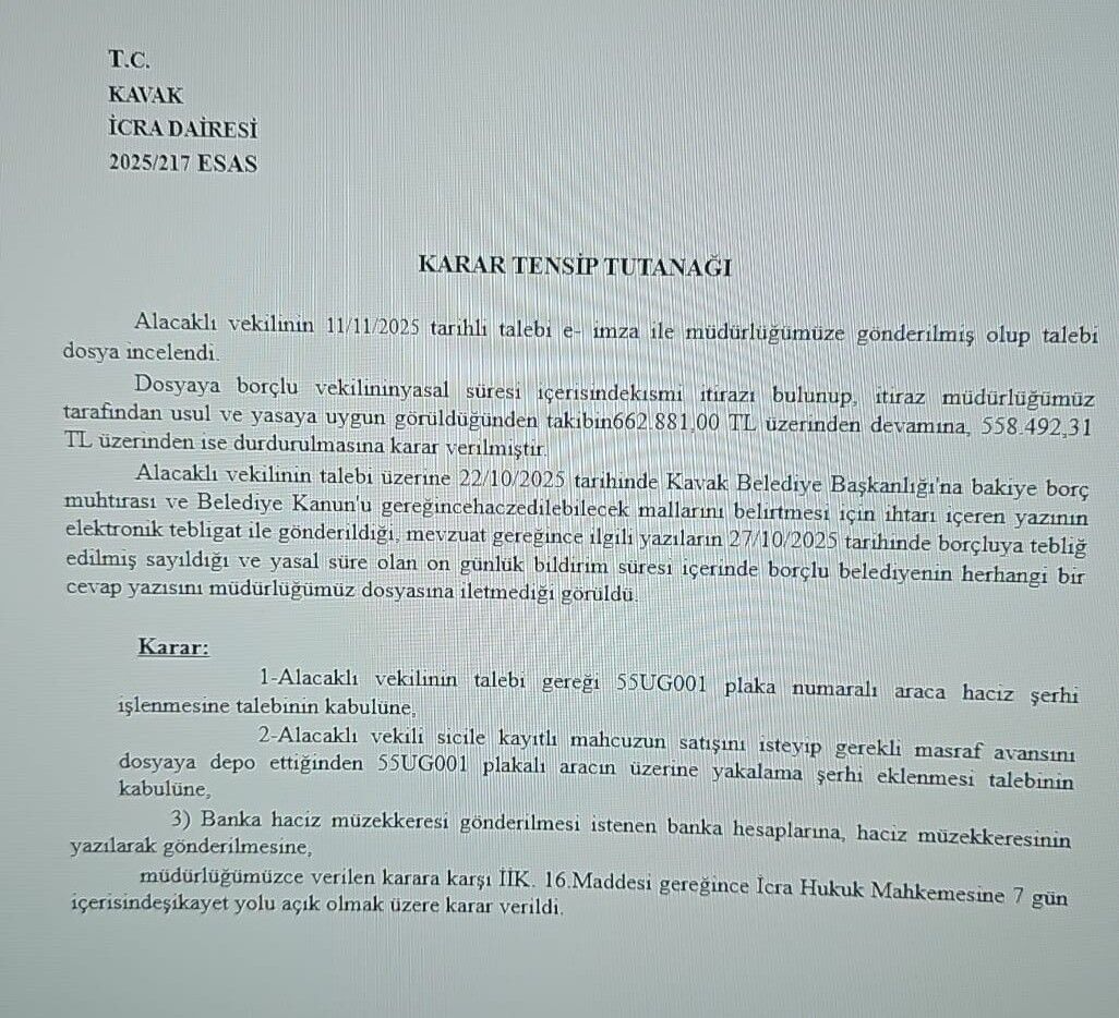 Kavak Belediyesi'nin Makam Aracına Haciz Ve Yakalama Kararı